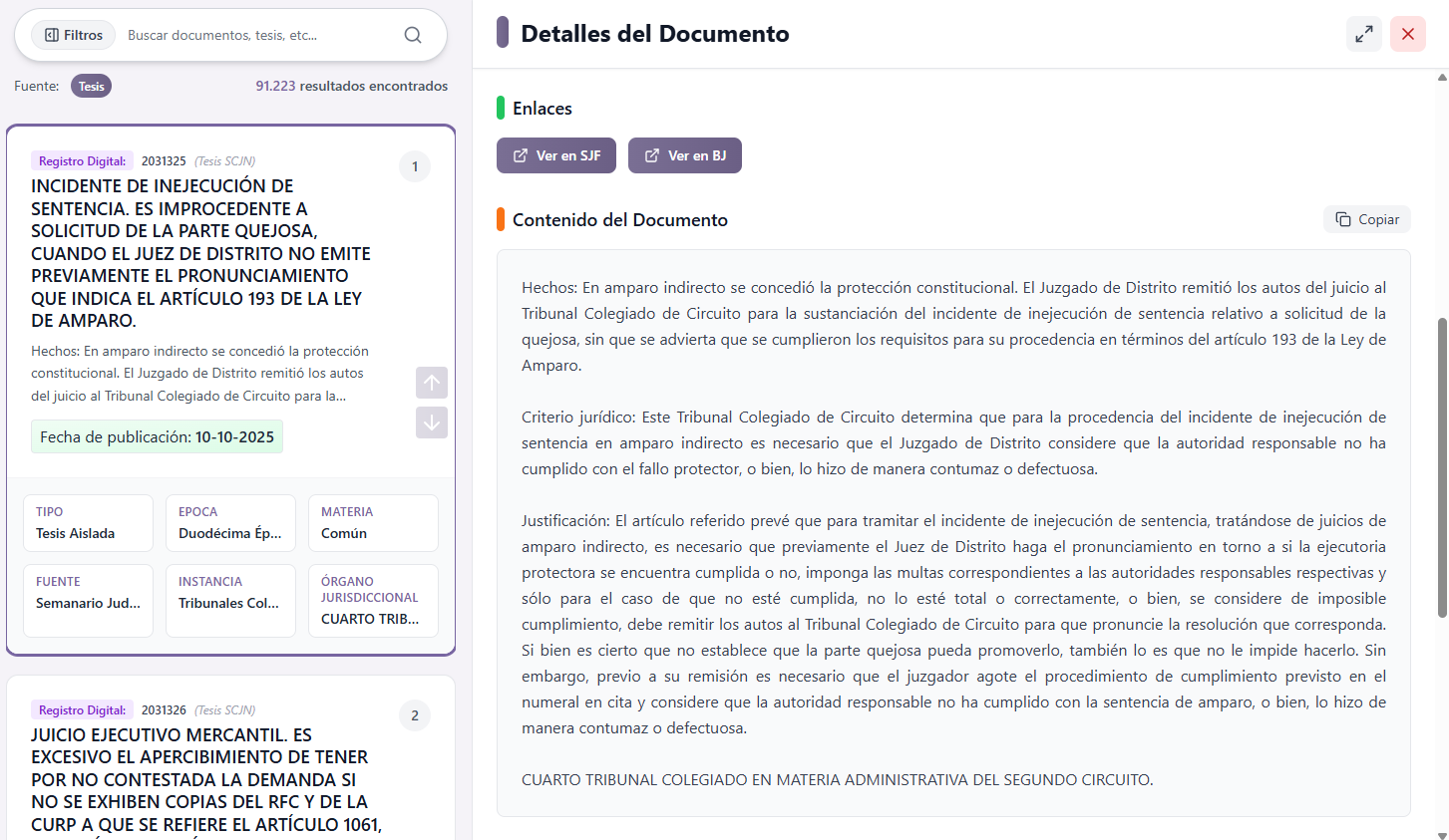 Interfaz de búsqueda jurídica de lexInit mostrando resultados de búsqueda y detalles de documentos legales